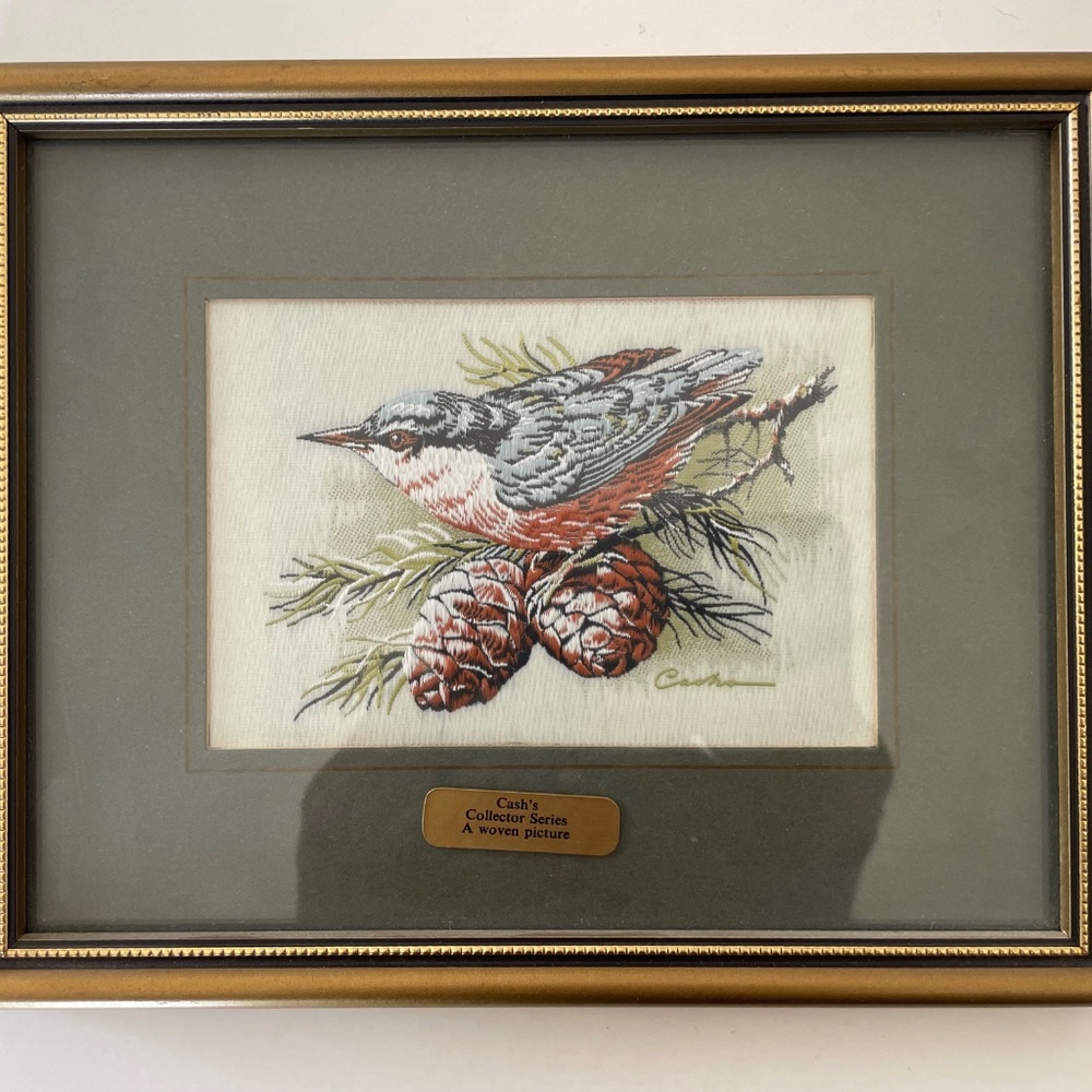 Vintage/MCM Cashs Framed Woven Picture of Bird